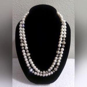 Elegant Pearl Necklace with Silver Balls and Crystals - 12.5 inches